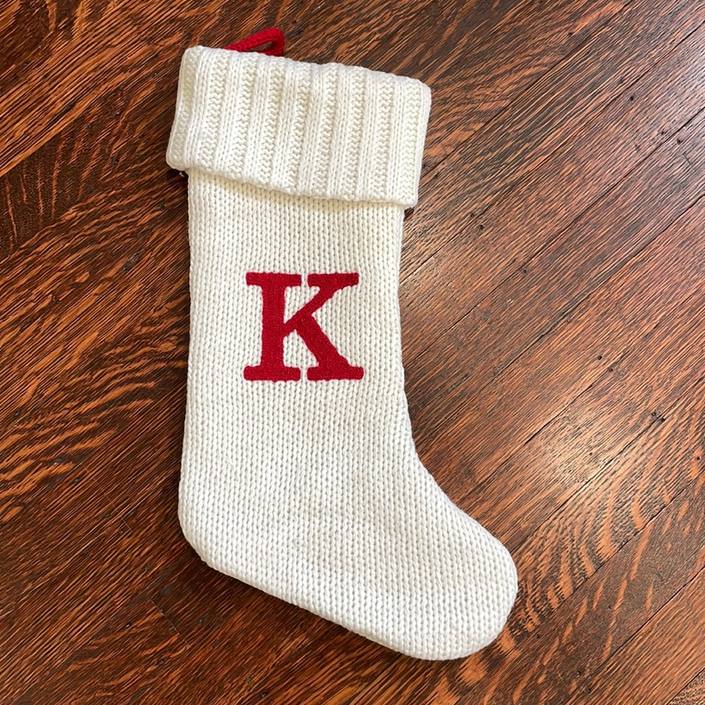 White and Red Knit Stocking “K”